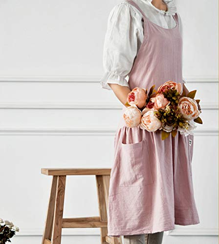 Japanese Cotton Cross Back Pinafore Apron for Women with Pockets Pink (10 - Pink With Waist Ties)