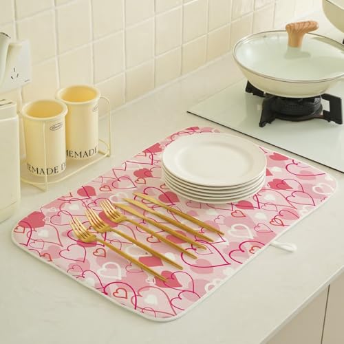 Valentines Day Dish Drying Mat 18 x 24 inch Pink Love Hearts Decorative Drying Mats Microfiber Absorbent Romantic Dish Washable Draining Mat for Kitchen Counter Decor (18x24 Inch / Pink Love Hearts)