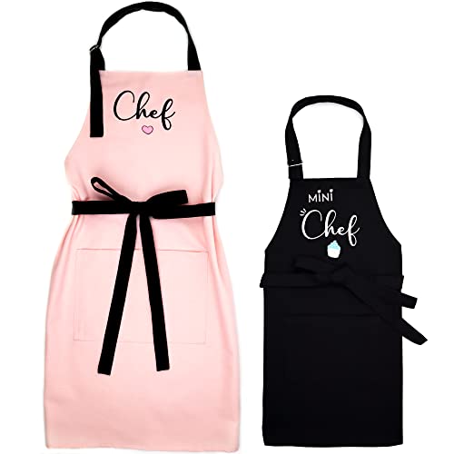 Personalized Mommy and Me Matching Aprons Mother Son Cooking Apron Set (Pink + Black)