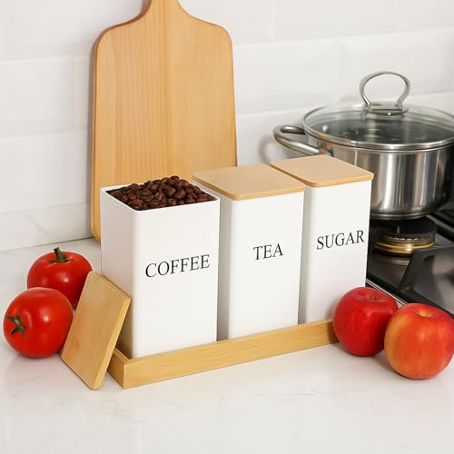 3 Pack Coffee Tea Sugar Container with Tray Airtight Metal Canister with Bamboo Lid Tray for Kitchen Counter Dining Room Farm House Kitchen Style Drink Station Organizer Set