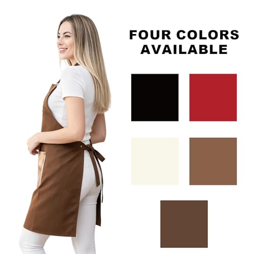 Barista Tools Apron for Women Hairstylists Servers Waterproof Canvas Kitchen Apron with 3 Pockets for Cooking Gardening (Dark Brown)