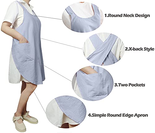 Cotton Cross Back Aprons Solid Color Cooking Kitchen Garden Smock for Women Girls with Pockets (Blue / 37W x 32L)