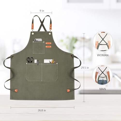 Chef Apron for Men Women Canvas Aprons with 3 Pockets Cross Back Resistant Work Apron for Cooking Grilling Baking BBQ Barber Kitchen (Olive)
