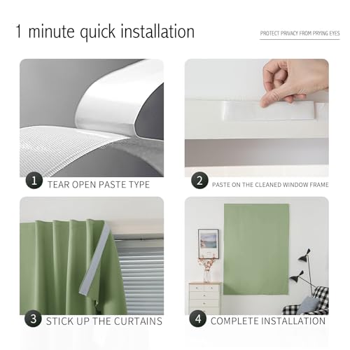 Magic Tape Blackout Curtains for Bedroom No Drillng Self Adhesive Curtains No Rod Small Window (59"W x 96"L (Pack of 2) / Sage Green)