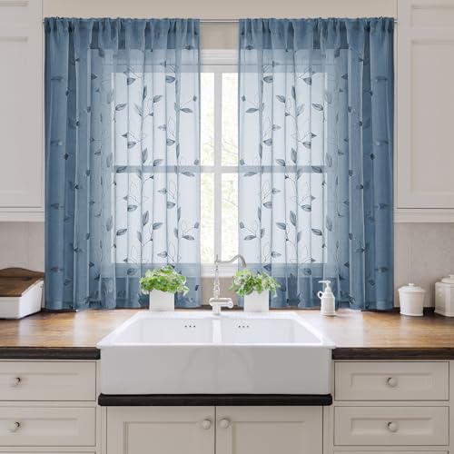 Stone Blue Kitchen Curtains Leaf Embroidered (52"W x 54"L (Pack of 2) / Stone Blue)