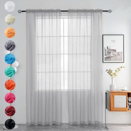 Solid Sheer Rod Pocket Curtain Voile Draperies 2 Panels White Beige Black Grey Ivory 52 Inch Width 72 Inch Long 1 Pair for Kitchen Bedroom Children Living Room Yard (Silver Grey / 52"W x 72"L (Pack of 2))