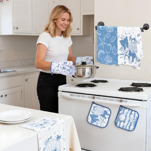 13 Pcs Beach Kitchen Decor Set 3 Seashell Kitchen Curtains Valance 2 Blue Bow Rugs and Mats 4 Coastal Hand Towels 2 Pot Holders 2 Oven Mitts for Summer Home Decor Cooking Grilling Housewarming Gift (Blue Seashell)