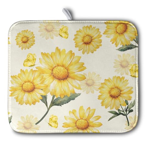 Yellow Sunflower Dish Drying Mat for Kitchen Counter Summer Daisy Floral Dishes Pad Farmhouse Flower Dish Draining Microfiber Absorbent Dish Drainer Rack Mat Large 16x18 Inch (Yellow Sunflower / 16" x 18")