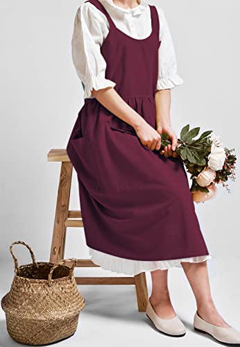 Japanese Cotton Cross Back Pinafore Apron for Women with Pockets Burgundy (06 - Magenta Apron Without Waist Ties)