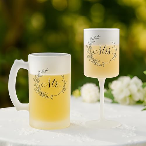 Mr and Mrs Champagne Flutes for Couples Wedding Anniversary (Frosted Mr & Mrs / Set of 2（Gift box）)