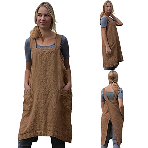 Cotton Linen Apron Cross Back Apron for Women with Big Pockets Square Pinafore Dress for Baking Cooking BBQ & Grill (Khaki / Small)