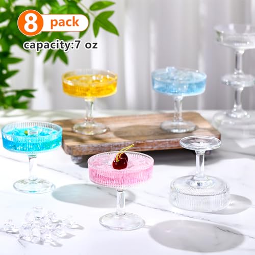 8 Pcs Ribbed Vintage Coupe Glasses 7 oz Martini Glasses Champagne Coupe Classic Cocktail Glassware Reusable Ribbed Glassware for Cocktail Martini European Style (Clear)