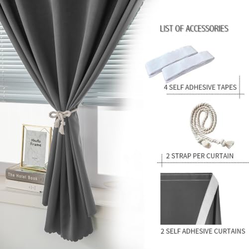 Magic Tape Blackout Curtains for Bedroom No Drillng Self Adhesive Curtains No Rod Small Window (59"W x 96"L (Pack of 2) / Grey)