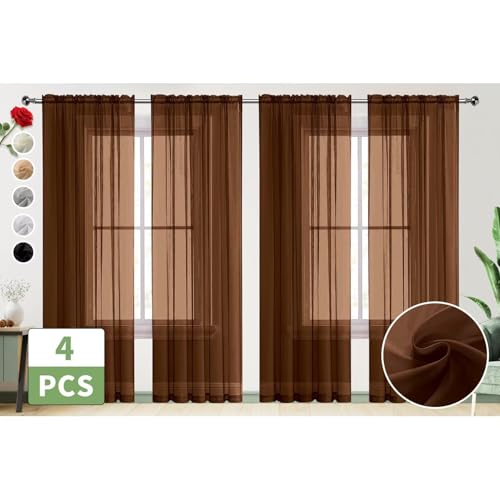 Brown Sheer Curtains 4 Panels Rod Pocket Semi (Brown / 52"W x 108"L (Pack of 4))
