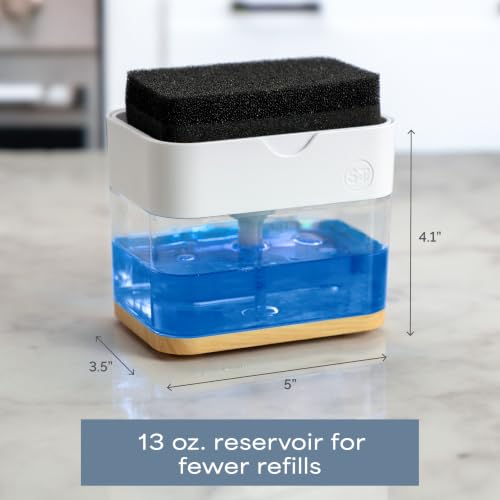 Dish Soap Dispenser and Sponge Holder (White and Bamboo)