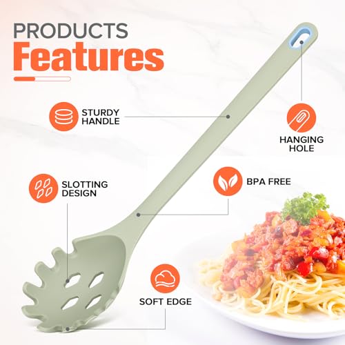 Silicone Spaghetti Spoon & Soup Ladle Cooking Utensils Set of 2 (Green)