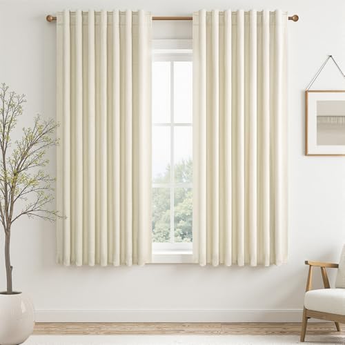 Cream White Linen Blackout Curtains 63 Inches Long 2 Panels for Small Window Natural Cream Boho Farmhouse Linen Blend Texture Insulated Hook Belt Back Tab Pocket Pleated Drapes (Cream / 52"W x 63"L (Pack of 2))
