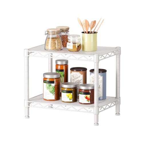 Small Shelves Kitchen Storage Shelf Wire Shelving Metal Adjustable (White / 2 Tier 11.6"Dx17.6"Wx12"H)