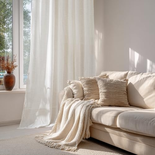 Extra Long Linen Curtains for Dining Room 120 inches Long (Ivory / 52"W x 120"L (Pack of 2))