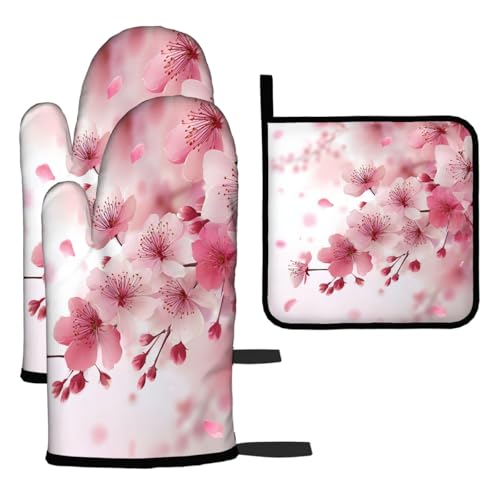 Oven Mitts and Pot Holders Set of 3 (Pink Cherry Blossoms)