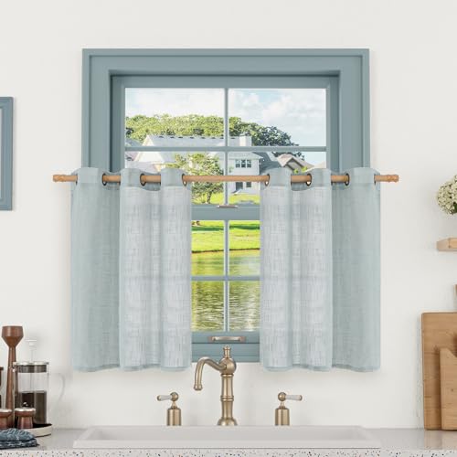 Short Linen Curtains 30 Inch Length for Small Windows 2 Panels (34"W x 30"L (Pack of 2) / Greyish Blue)