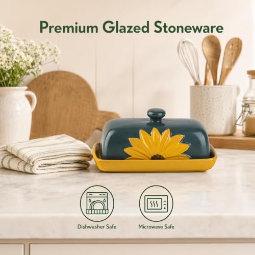 Ceramic Sunflower Covered Butter Dish With Lid Yellow Tray Green Lid Keeper