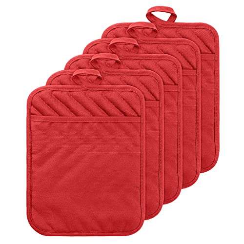 5Pack Pocket Pot Holders Cotton Heat Resistant Potholder Multipurpose Hot Pads Machine Washable Oven Mitts Potholders Bulk for Daily Kitchen Baking and Cooking 7 x 9 Inch Red (Red)