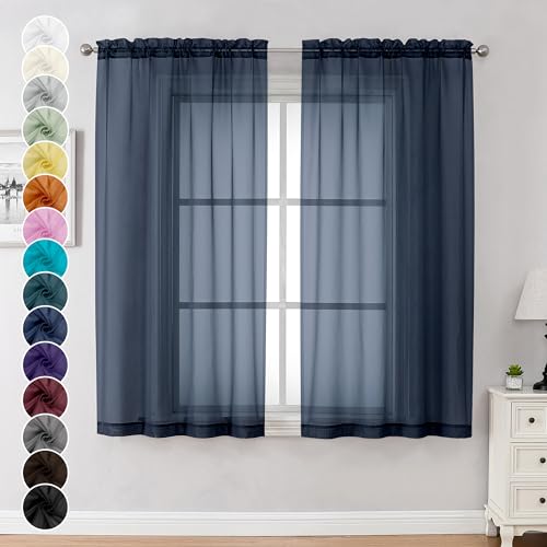 Sheer Curtains 63 Inch Length 2 Panels (Navy Blue / 42"W x 63"L (Pack of 2))