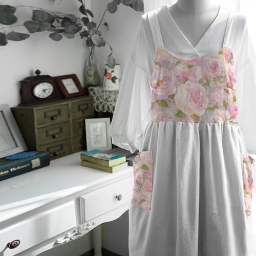 Women Cotton Linen Apron Soft Bib Smock Work Apron Pinafore Dress for Cooking (Flora White)
