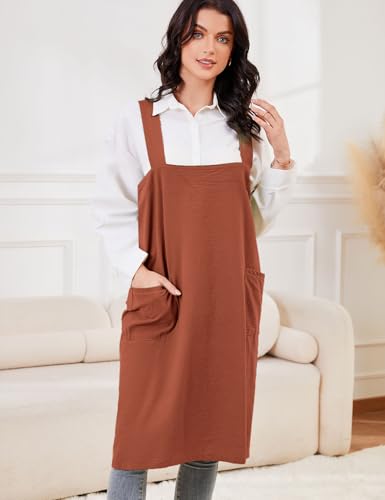 Women's Cotton Cross Back Pinafore with Big Pockets Practical Aprons for Gardening Works (Small / Orange)