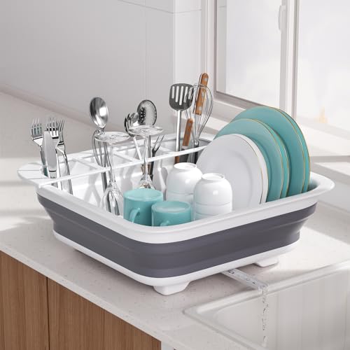 Collapsible Dish Drying Rack for RV Campers Portable Dinnerware Drainer Organizer for Kitchen Travel Trailer (Gray- Gray)
