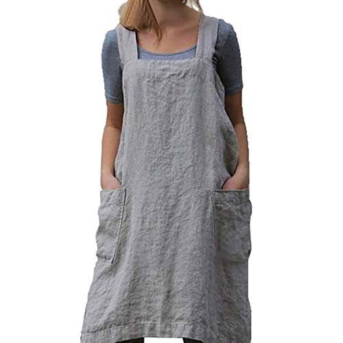 Cotton Linen Apron Cross Back Apron for Women with Big Pockets Square Pinafore Dress for Baking Cooking BBQ & Grill (Gray / Medium)