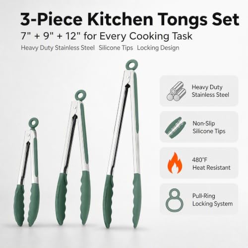 Kitchen Tongs with Silicone Tips (Sage Green)