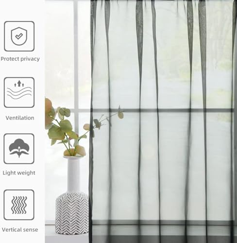 Solid Sheer Rod Pocket Curtain Voile Draperies 2 Panels White Beige Black Ivory Coffee 26 Inch Width 24 Inch Long 1 Pair for Kitchen Bedroom Children Living Room Yard (Black / 26"W x 24"L (Pack of 2))
