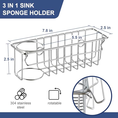 3-In-1 Sponge Holder for Kitchen Sink with Suction Cups & Adhesive Hook , In-sink Sponge Holder, Wall Hanging Sink Caddy Organizer Rack - Sponge, Dish Cloth, Brush, Scrubber - 304 Stainless Steel (3-in-1 / Silver)