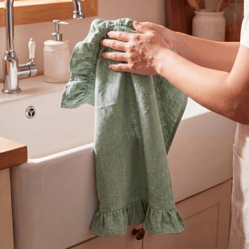 2 Pcs Sage Green Kitchen Towels Retro Towels Cotton Ruffled (Sage Green / Retro)