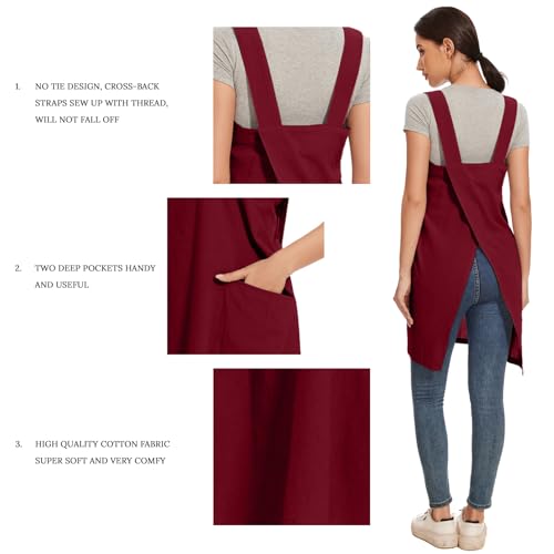 Women Apron with 2 Pockets Cotton Linen Kitchen Baking Cooking Chef Cross Back Pinafore Dress for Work Restaurant Gardening (Large / Wine Red)