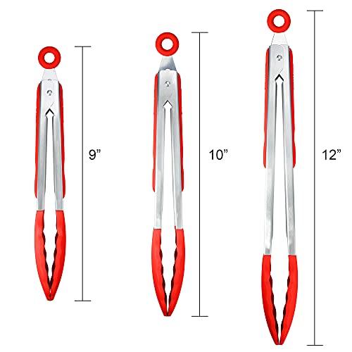3 Pack Silicone Kitchen Tongs (Red)