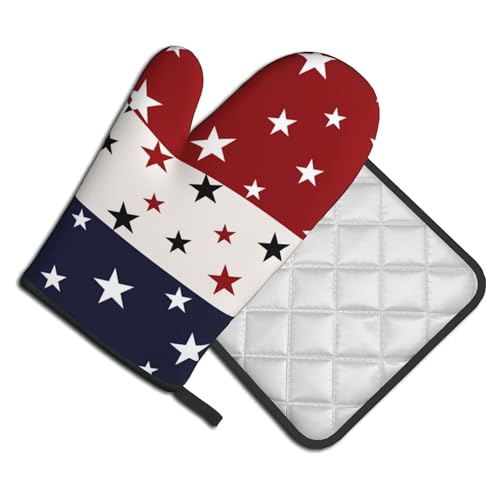 Red White and Blue Oven Mitts and Pot Holders Sets Patriotic American Flag StripedKitchen Mitts 4th of July Hot Pads for Cooking BBQ Baking Grilling (Red White Blue Stars Striped Flag)