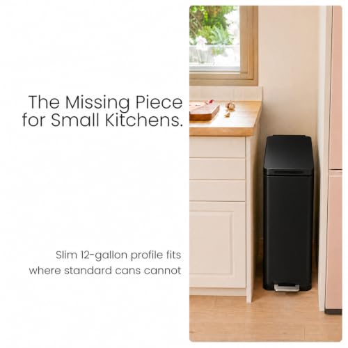 12 Gallon Kitchen Trash Can with Slim Fit Design (Black)