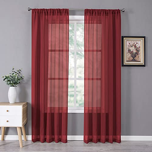 Sheer Curtains Linen Textured Bedroom Curtain Sheers Light Filtering Rod Pocket Voile Curtains for Living Room (54"W x 84"L (Pack of 2) / Burgundy Red)