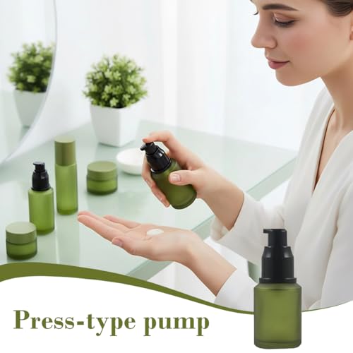 1PCS 60ML 2OZ Empty Refillable Green Frosted Glass Bottles with Pump Vial Cosmetic Dispenser Jars Storage Container Portable Travel Bottle Sample Trial Packing