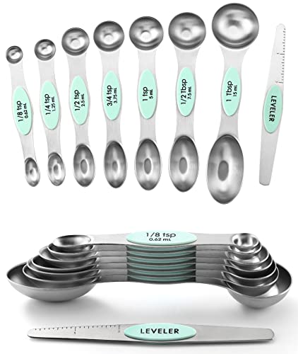 Stainless Steel 8 Magnetic Measuring Spoons Set (Mint / 2-Pack)