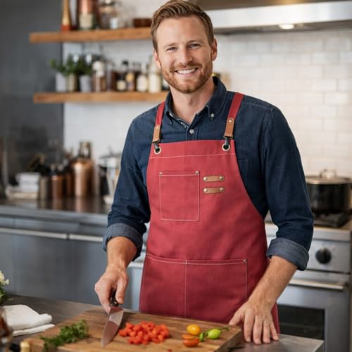 Chef Aprons for Men Canvas Apron with Large Pockets and Adjustable Neck Strap for Cooking (Hot Pink)