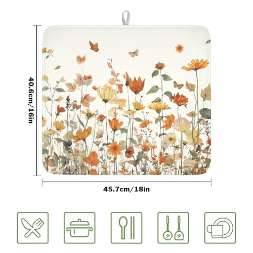 Fall Floral Dish Drying Mat for Kitchen Counter Orange Rustic Vintage Wildflower Pattern Microfiber Dish Drainer Mat Autumn Absorbent Washable Drying Pad Extra Large 16"x18" (Fall Floral / 18" x 16")