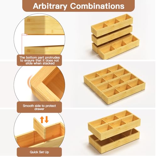 4 Packs Bamboo Drawer Organizer 2 pieces 12.6 * 6inches and 2 pieces 12.6 * 3.2inches (4 pieces 12.5X3.1)