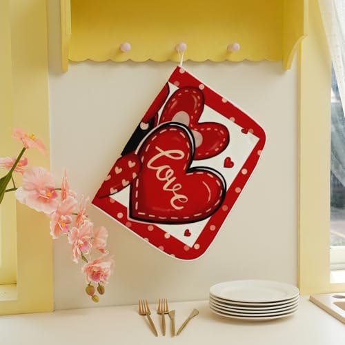 Valentines Dish Drying Mat 18x24 Inch Black Red Hearts Dish Drainer Protector Pad for Kitchen Counter Absorbent Holiday Love Drying Pad for Drainer Rack Kitchen Fast Dry (Love / 18" x 18")