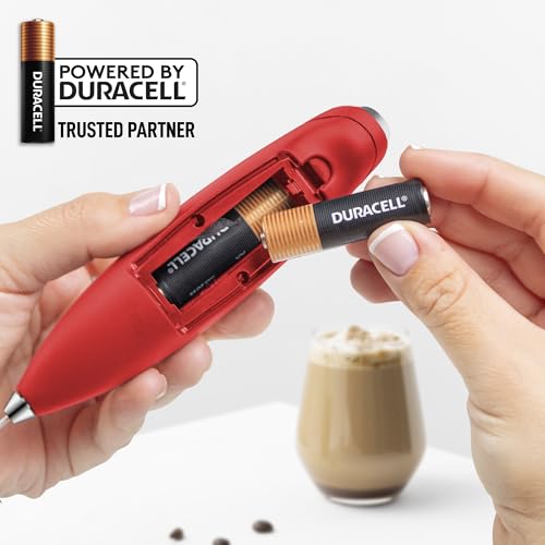 Powerful Milk Frother Wand With Duracell Batteries (Scarlet Red / Double Whisk + Batteries)