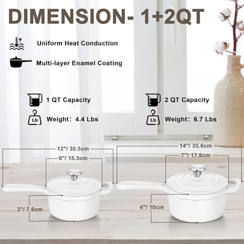 1& 2Qt Enameled Cast Iron Saucepan with Lid (White / 1+2 Quarts)