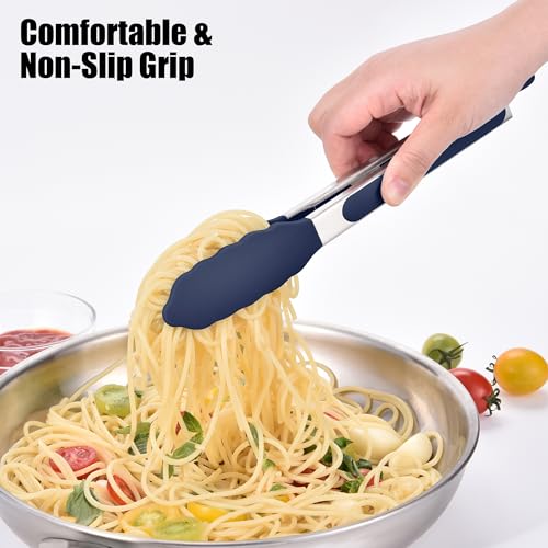 Kitchen Tongs with Silicone Tips for Cooking Serving (9in / Navy Blue)